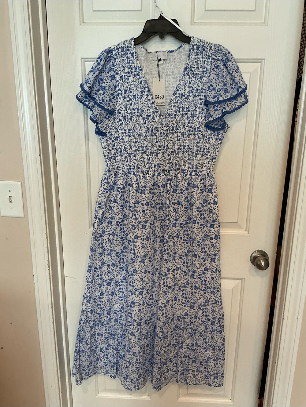 Sugarlips Blue and White Floral Smocked Midi Dress